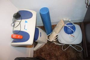 lot 120 image: Vicks Humidifier, Back 2 Life Back Therapy Stand, Heating Pad and Foam Roller
