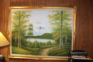 lot 112 image: Large Mountain Lake Painting with Gold Painted Frame