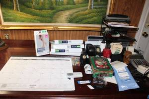 lot 121 image: Office Desk Supplies Calendar, Binders, File Stand, Adding Machine and More