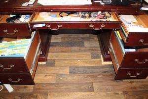lot 122 image: Contents of Desk Hanging Files, Tape, Staples, Magnifiers, Christmas Cards and More