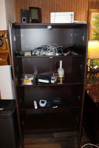 lot 123 image: Locking Storage Cabinet  Cherry Color Veneer CONTENTS NOT INCLUDED