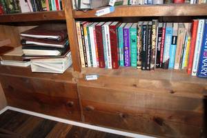 lot 157 image: Books on Shelf Historical Books, Health Books, Photo Albums, and Vintage Bible
