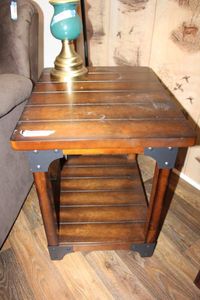 lot 160 image: Side Table with Wood Panel Style and Metal Corner Brackets, Matches Lot# 131 and