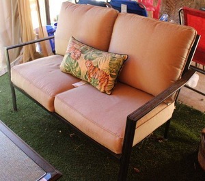 lot 203 image: Patio Loveseat with Cushions and Tiger Pillow, Matches Lot# 205