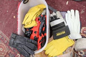 lot 263 image: Generous amount of Leather Gloves and Work Gloves (Mostly never Used) and Storage Bin