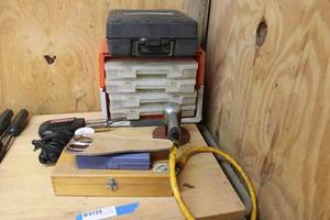 lot 227 image: Soldering Gun, X-acto Knife Sets, 3 Air Sander, Impact Wrench Set for Car, and Hardware Box