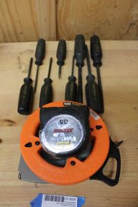 lot 226 image: 25 Steel Fish Tape, Lufkin 100 Tape Measure, Stanley Tape Measure, Craftsman Screwddriver Set,