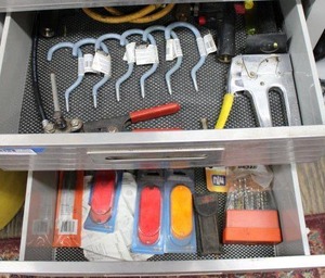 lot 224 image: 2 Drawers of Tools Stapler, Hooks, Hammer, Drill Bits, Reflectors and More
