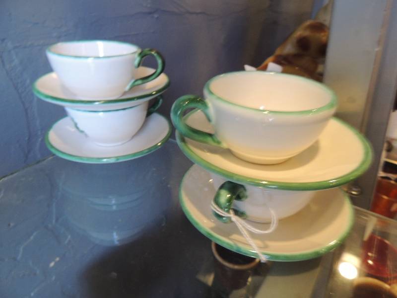 lot 11 image: Demitasse Set - 4 cups and 4 Saucers - KERAMINK - Made in Austria - Hand Painted - Green Rim with Reindeer