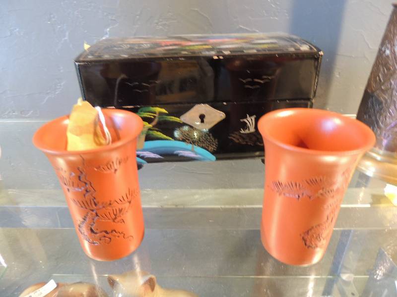 lot 32 image: Black Jewelry Box with Two Asian Clay Port Glasses..