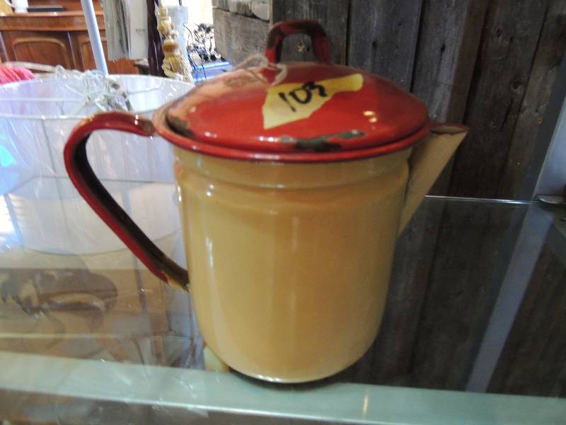 lot 103 image: Enameled Coffee Pot Cream Colored with Red lid & Handle