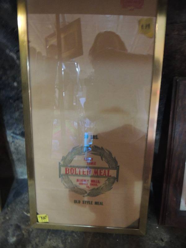 lot 111 image: FANCY TABLE  BOLTED MEAL  BEVERLY MILLS    CRIPPLE CREEK, VA   CORN MEAL 10 LB SACK FRAMED 19.5x10.5