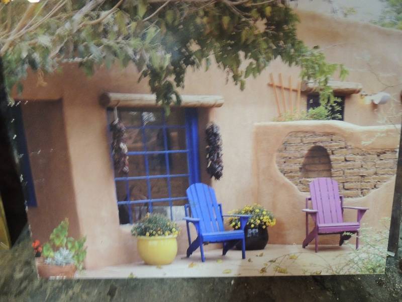 lot 113 image: ART WITH ADOBE HOUSE WITH CHAIRS OUT FRONT 18x24