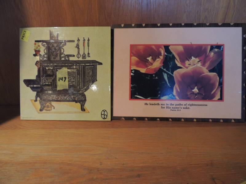 lot 147 image: 2 Trivet Signs Wood Cook stove