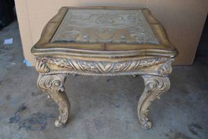 lot 40 image: Glass Top Ornate Side Table with Leather Top Accents VERY HEAVY