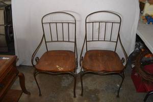 lot 84 image: 2 Bronze Metal Breakfast Chair with Oak Wood Seat