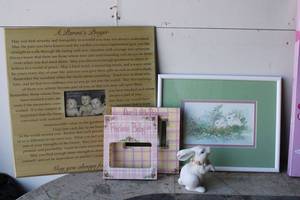 lot 32 image: Baby Photo Frames Including A Parents Prayer Frame 20 x 20, Signed Bunny Print by Mary Bertrand and Bunny Figurine