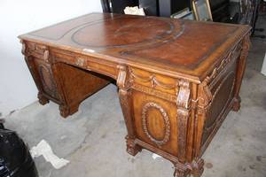 lot 1 image: Seven Seas Hooker Furniture Ornate Partners Desk, Features Leather Top and Storage Compartments on Both Sides