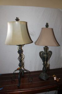 lot 70 image: 2 Table Lamps One by Old World Design Metal Base, One Double Handle Urn Style with Tassle