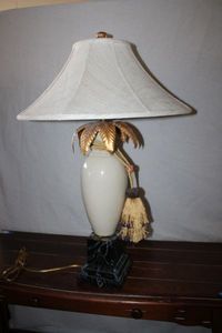 lot 71 image: Tyndale Ceramic Table Lamp with Gold Leafed brass palm leaves Faux marble base