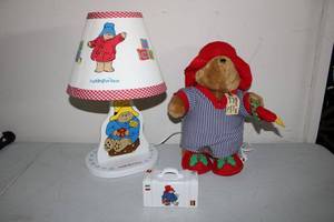 lot 82 image: Paddington Bear Lot Plush Christmas Bear, Desk Lamp and Ceramic Piggy Bank