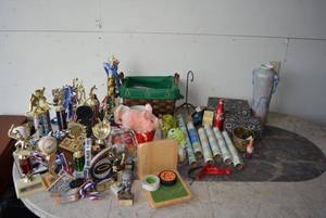 lot 108 image: misc. Lot Trophies, Jewelry Boxes, DrawerShelf Liner, Vase and Toys