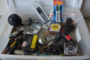lot 138 image: Misc. Hardware Lot Tape Measurers, Pliers, Screwdrivers, Cordless Screwdriver, LED Lights