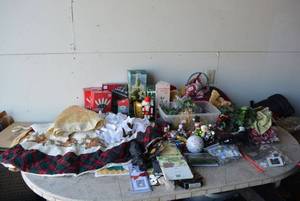 lot 153 image: Christmas Lot Tree Skirts, Ornamnets, Baskets, Lights, Mini Christmas Trees (Including Charlie Brown)