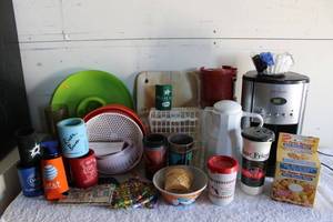 lot 112 image: Kitchen Lot Gevalia Coffee Maker (Missing Pot), Iced Tea Pitcher, Onion Blossom Maker, Koozies and More