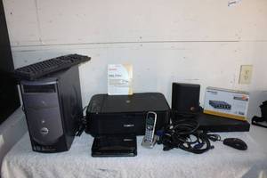 lot 121 image: Office Lot Dell Computer and Keyboard, DSL Filter, 2 Netgear Routers (One in Box), Canon Multifunction Printer, Seagate Free Agent Desktop, and More