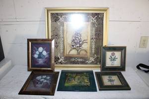 lot 128 image: Wall Art Lilac & Hydrangea Print, Painted Tile of Ernest Hemmingways House signed by Artist, and Flower Prints