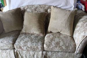lot 129 image: FLAIR Upholstered Couch Cream and Taupe Colored