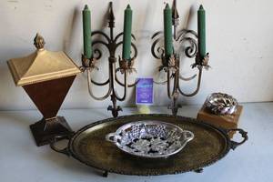 lot 137 image: Brass Serving Tray, Candle Wall Sconces by MAC Sculpture, Halls Silver Plate Bowl made in Italy