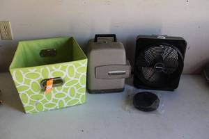 lot 144 image: Holmes Desk Fan, Vintage Bell & Howell Projector and Canvas Bin