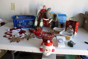 lot 163 image: Christmas Lot Mantle Santa Candle Holder, Ornaments, Metal Snowman Bag, Barnum & Bailey Circus Elephant Plush Toy