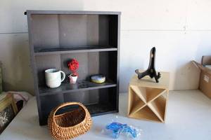 lot 164 image: Decrative Items 3-Tiered Wall Shelf, Basket, Dolphin Massager, and Wood Box