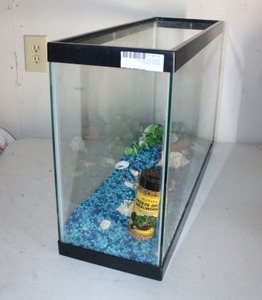 lot 176 image: Fish Tank with Gravel, Shells and Freeze-Dried MealWorms looks to be 10 gal