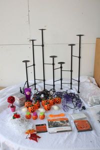 lot 179 image: Black Iron Hinged Candle Holder Candleabra, Halloween String Lights, Pumpkin Decorating Kit, Snowflake Ornaments