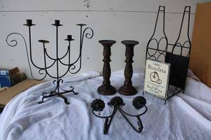lot 180 image: Metal Taper Candle Candleabra, Metal Wall Sconce, Pair of Wooden Candle Holders and Wire Wine Rack