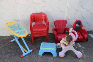 lot 182 image: Kids Lot Childrens Patio Chairs, Ironing Board, Baby Stroller and Doll