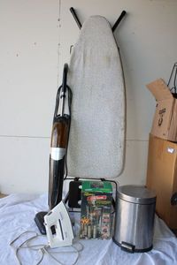 lot 196 image: Crofton Steam Mop, Ironing Board, Norelco Iron, Foot Press Trash Can and Coin Sorter