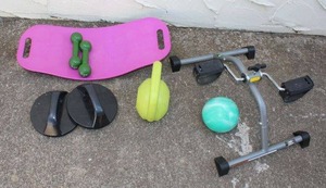 lot 201 image: Exercise Lot In Stride Portable Cycle, Pair of Rotating Handles, Balance Board and Weights as shown