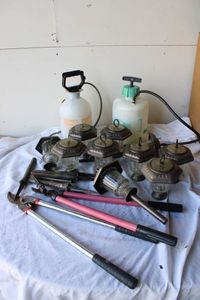 lot 202 image: Glass Landscape Lights, 2 Hedge Trimmers, 2  1-Gallon Sprayers