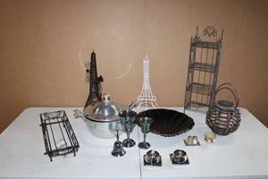 lot 213 image: Home Lot Pewter Soup Tureen & Laddle marked RWP 1973, Silverplated items, Metal Wire Items including Eiffel Towers