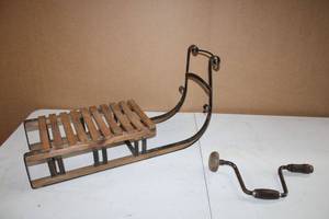 lot 215 image: Vintage Hand Drill and Decrative Wooden Sled