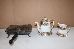 lot 216 image: Anttic Silver Over Copper Bed Warmer and Tea Set marked Made in Japan SNB