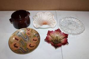 lot 219 image: Solid Brass Bowl Hand Painted made in India, Hand Blown Bowl, Ambre Flower Shape Bowl, and WestBend Pot