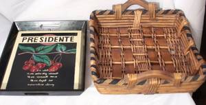 lot 152 image: 2 Large Decorative Trays  One Wicker  Rattan  the other Wood with a cute Cocktail recipe on it.