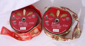lot 148 image: 2 2 12 x 55 yards   Huge Christmas Rolls of Wired Ribbon  Traditional Red Green ivory and Gold