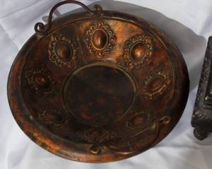 lot 120 image: Lot of Leather and Old World Decor  Mantle Clock, Iron Bowl, Decorative Box